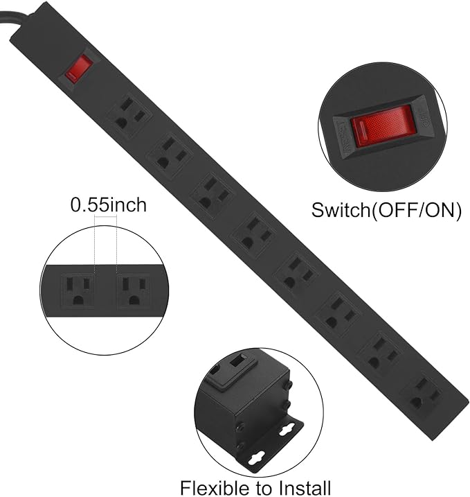 2Pack Metal 8 Outlet Mountable Power Strip, Wall Mount Outlet Heavy Duty - Image 4