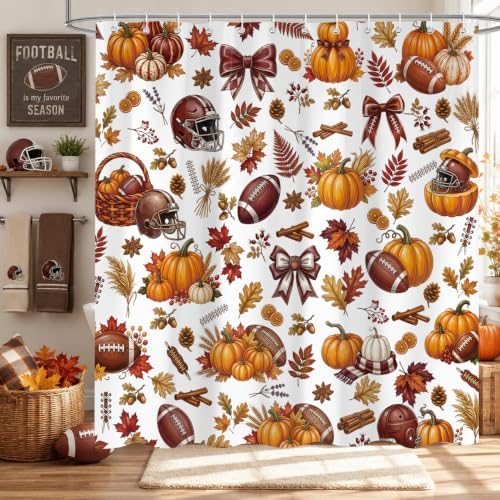 Fall Football Pumpkin Shower Curtain, Autumn American Football Sports Leaves Maple Leaf Shower Curtain fo Bathroom Set, Fall Thanksgiving Waterproof Bath Decor with Hooks 72 x72 Inch - Image 2