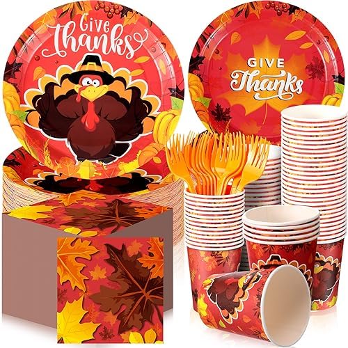 Sliner 180 Pcs Thanksgiving Disposable Dinnerware Set, Bright Turkey by Sliner