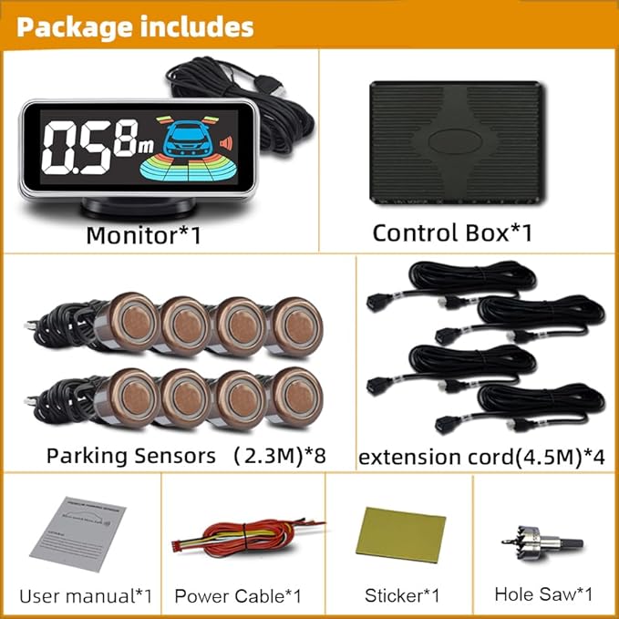 Parktronic 8 Parking Sensors Kit Reverse Backup Radar System Rear and Front View - Image 2
