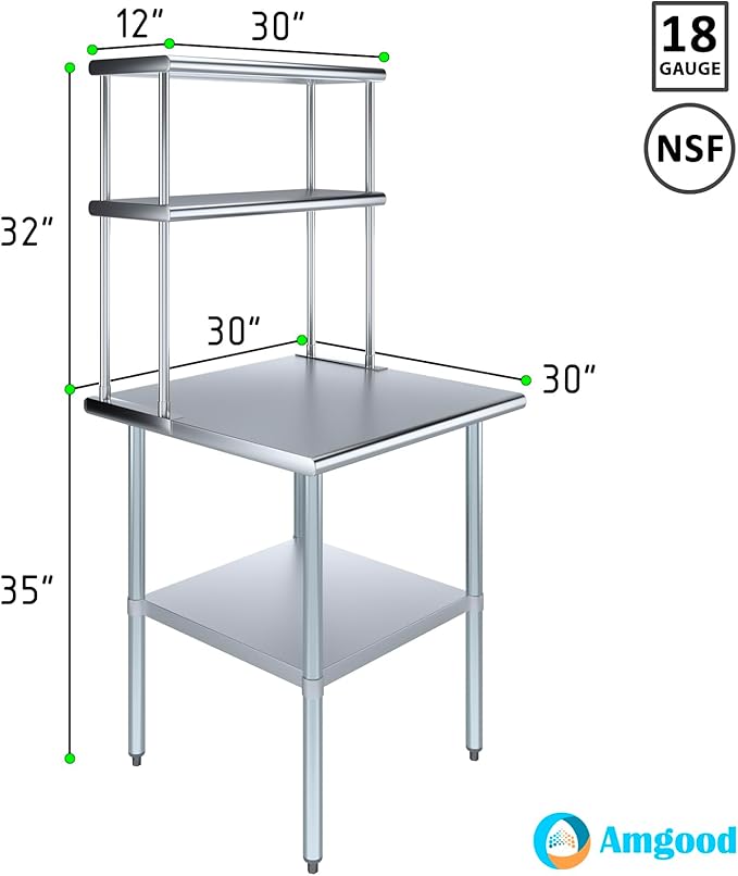 Amgood Stainless Steel Work Table Double Tier Overshelf | Metal Kitchen Prep - Image 3