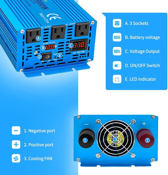 LVYUAN 3000 Watt Pure Sine Wave Inverter 12V to 110V 120V DC to AC - Image 2