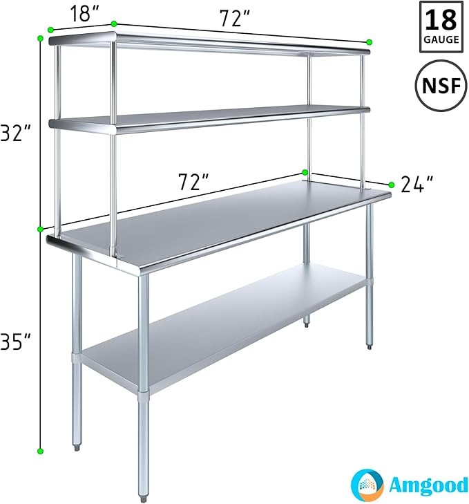 Amgood Stainless Steel Work Table Double Tier Overshelf | Metal Kitchen Prep - Image 3
