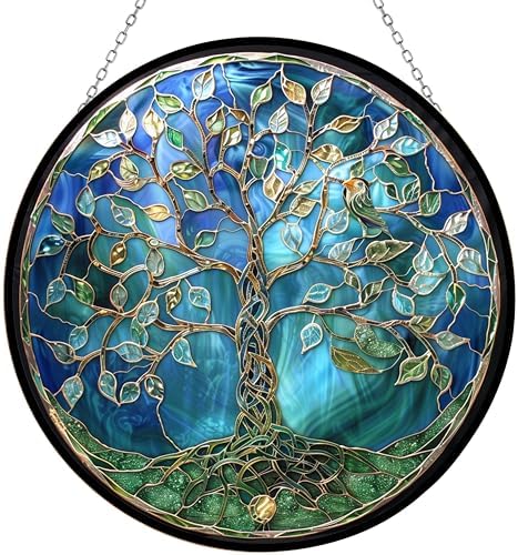 Tree of Life Stained Glass Window Hangings, Handcrafted Stained Glass Suncatchers, Gift for Cat Lovers Nature Lovers by 365CUSGIFTS