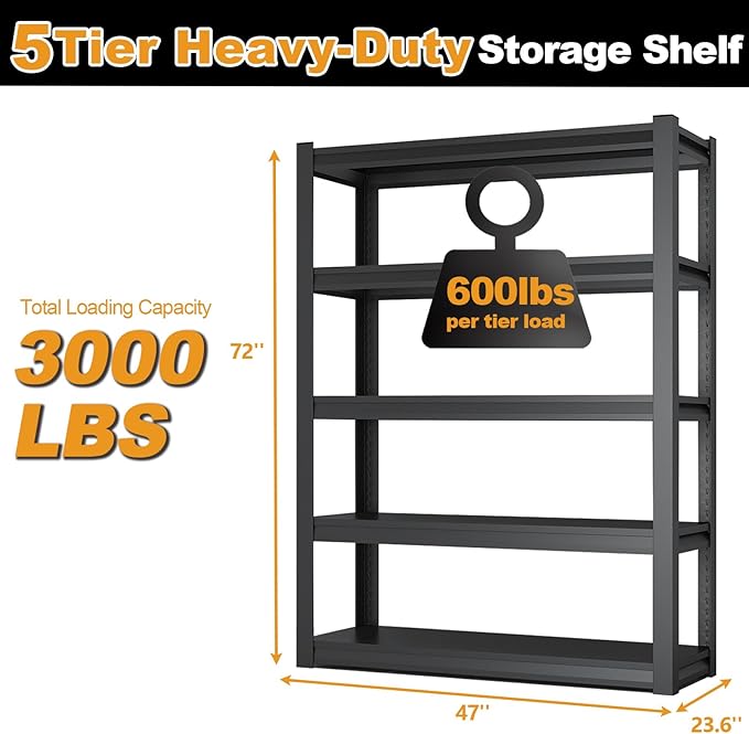 72H Metal Kitchen Storage Shelves, 3000LBS Heavy Duty Garage Shelving Unit - Image 2