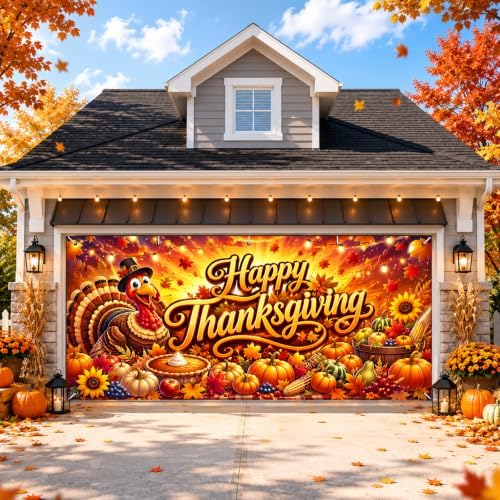 IVN Thanksgiving Garage Door Cover 16x7ft Turkey Pumpkin Fall Banner by IVN