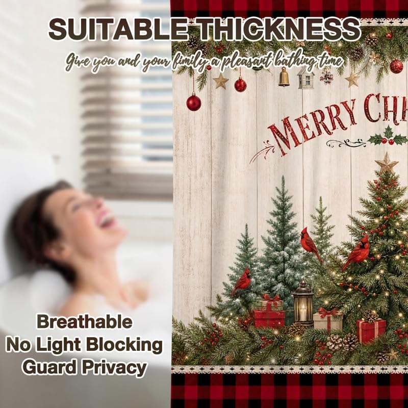 Christmas Tree Shower Curtain, Farmhouse Red Plaid Buffalo Bathtub Curtains - Image 6