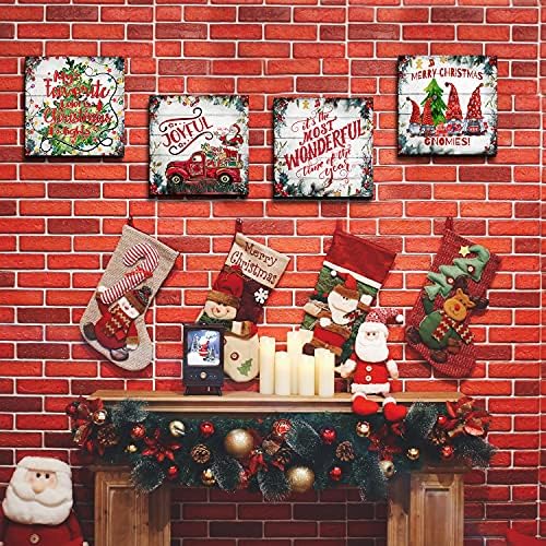 Christmas Wall Art Santa Claus Gnomes Picture Farmhouse Red Truck with Gifts Decor Christmas Tree Painting Colorful Balls Canvas Poster Xmas Artwork for Bedroom Living Room Decoration 12x12" 4Pcs - Image 2