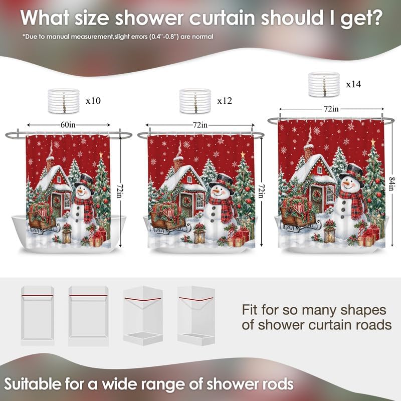 Red Christmas Shower Curtain for Bathroom, 72x78 Inch Waterproof Fabric - Image 2