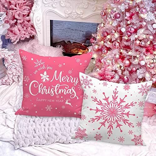 Lanpn White and Pink Christmas Throw Pillow Covers 20x20 Set of 4, 20 inch Decorative Xmas Cushion Covers Pillow Cases for Home Bedroom Room Holiday Couch Decor Decorations - Image 6