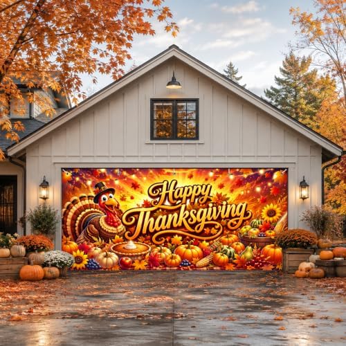 IVN Thanksgiving Garage Door Cover 16x7ft Turkey Pumpkin Fall Banner - Image 6