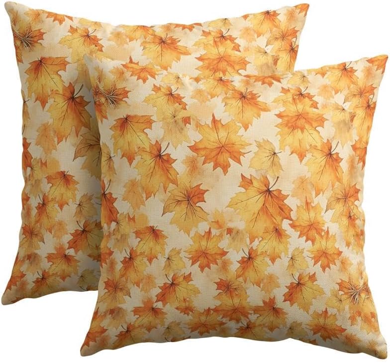 Fall Maple Leaves Throw Pillow Covers 18x18 Set of 2 Autumn Yellow Leaf Thanksgiving Pillow Covers Foliage Farmhouse Pillowcase for Kitchen Sofa Cushion Outdoor Couch Bedroom Living Room Decoration by Trongr