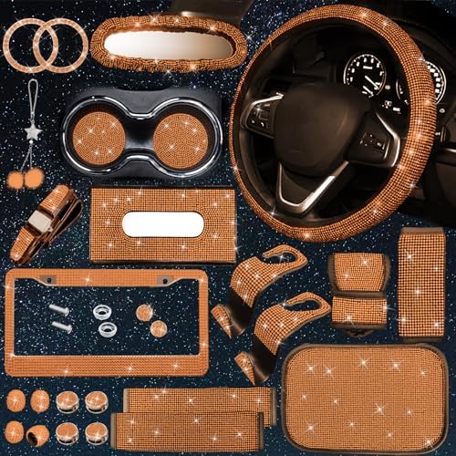 25PCS Bling Car Accessories Set,15 Inch Steering Wheel Cover,Shiny License Plate Frame,Center Console Cover and Rearview Mirror Set and Other Car Accessories(Orange) by JINGSEN
