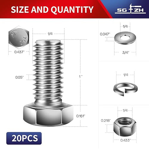 1/4-20 x 1" Hex Head Screw Bolt, Flat & Lock Washers, Fully Threaded, by SG TZH - Image 2