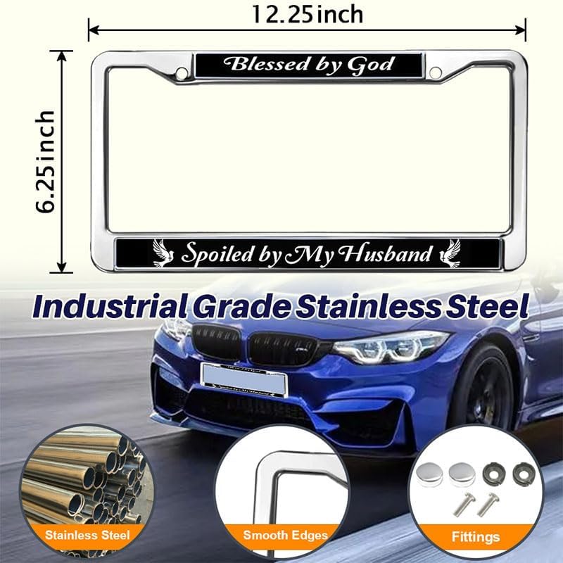 Blessed by God Spoiled by My Husband Classic Auto License Plate Frame God Christian Bible Funny Metal License Plate Frame Tag Holder