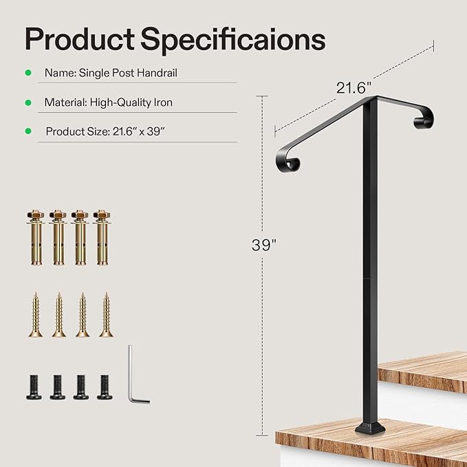 VIVOSUN Outdoor Handrail, 2 Step Stair Handrail, 21.6" x 39" Fits 1 to 2 Steps - Image 2