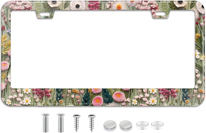 3D License Plate Frame Embroidered Floral Pattern Stainless Steel License Plate by TXWWXT