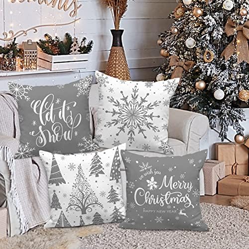 Lanpn White and Grey Christmas Throw Pillow Covers 18x18 Set of 4, Decorative 18 inch Gray Winter Snowflake Xmas Cushion Covers Pillow Cases for Home Bedroom Room Holiday Couch Decor Decorations - Image 3