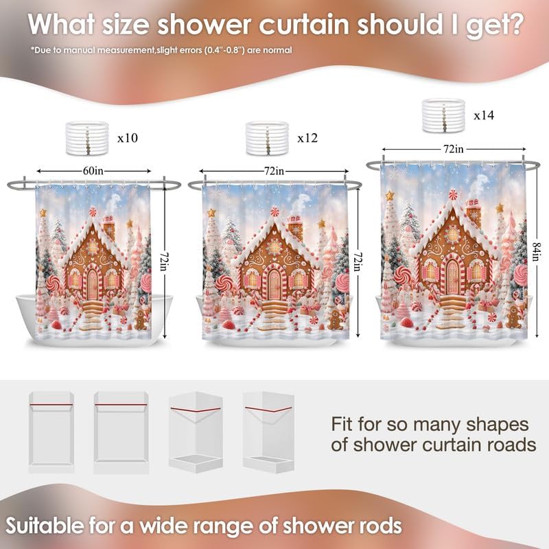 Christmas Gingerbread House Shower Curtain, Snowy Xmas Trees Bath Curtains - Image 2