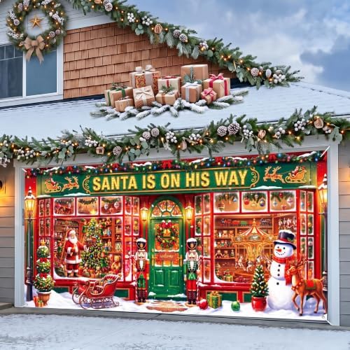 Preboun Christmas Santa Shop Garage Door Cover 7x16 Garage Door Decorations - Image 5