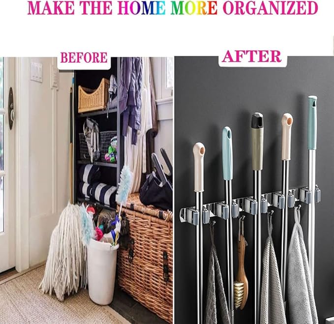 Mop and Broom Holder, 4 Positions 5 Hooks Heavy Duty Mop Hanger Wall Mounted - Image 6