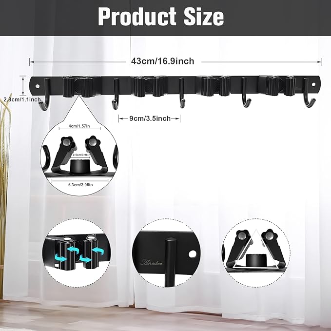 Mop and Broom Holder Wall Mount 4 Racks and 5 Hooks Broom Organizer Storage - Image 5