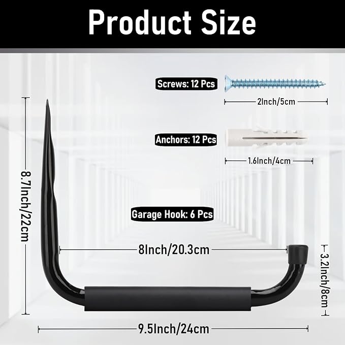 Heavy Duty Steel Garage Storage Hooks, 9.5Inches Jumbo Arm Ladders Utility Rack - Image 2