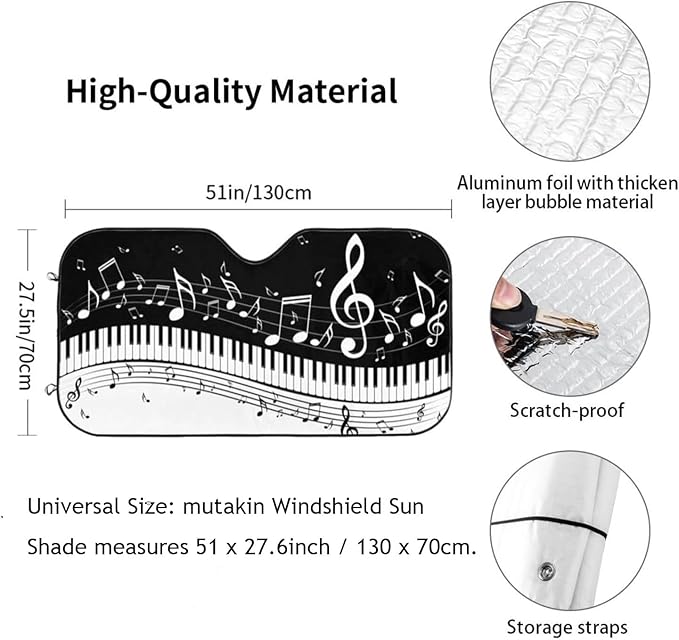 Black White Music Car Windshield Sunshade Front Window Sun Visor Protector - Image 3