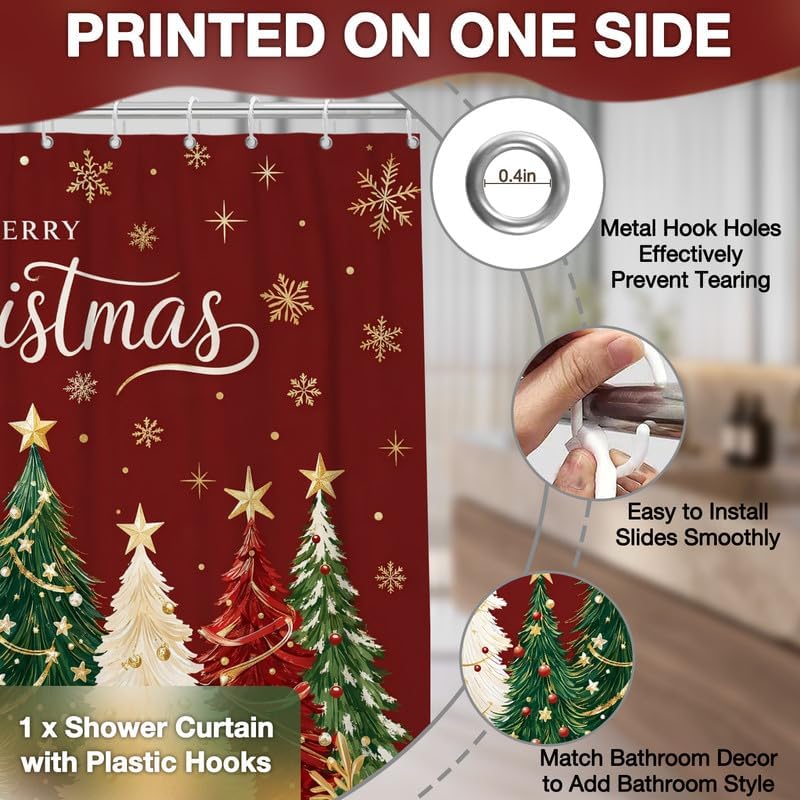 Red Christmas Shower Curtain for Bathroom, 72x78 Inch Waterproof Fabric - Image 5