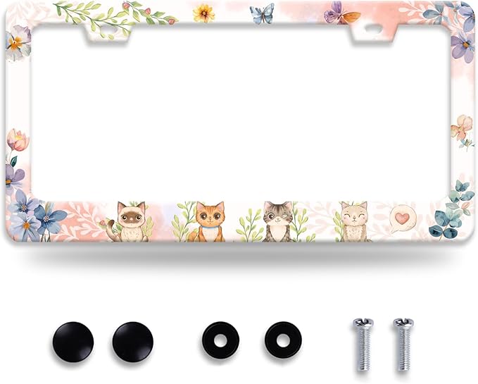 Cat License Plate Frame Beautiful Butterflies Flowers License Plate Holder by NEWCOCO