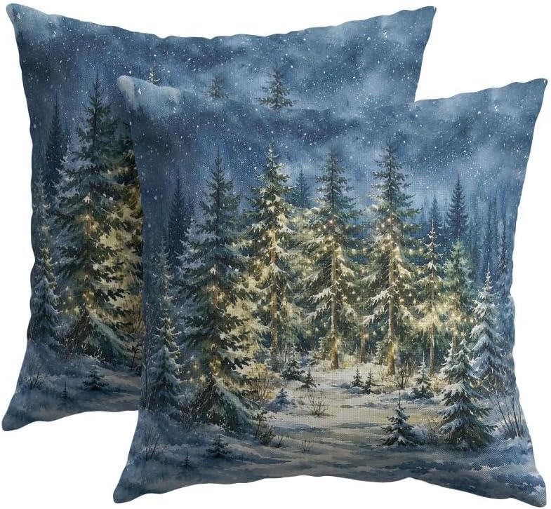 Winter Forest Blue Throw Pillow Covers 22x22 Set of 2 Snowy Night Pine Tree by Trongr