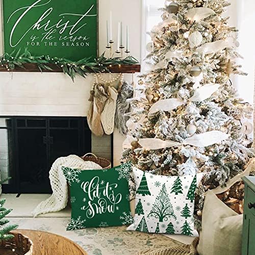 Lanpn Christmas Throw Pillow Covers 18x18 Set of 4, Merry Christmas Winter Xmas Snowflake Decorative Holiday Cushion Pillow Cases 18 x 18 for Outdoor Indoor Farmhouse Home Room Couch Decor (Green) - Image 6