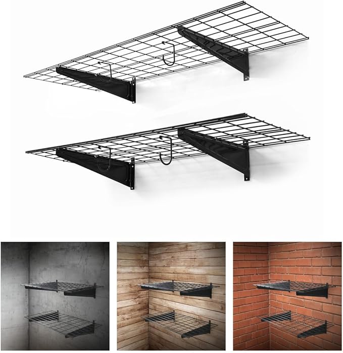 Fencer Wire 48 in. W x 18 in. D Wall Mounted Garage Wall Shelving w/ 2 Hooks by Fencer+Wire