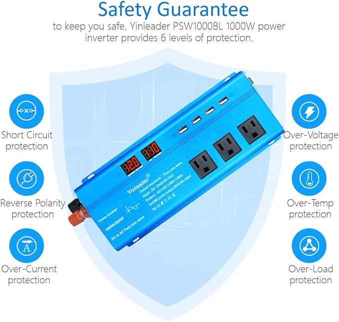 Yinleader 1000 Watt Pure Sine Wave Inverter 12V to 110V DC to AC Car Power - Image 6