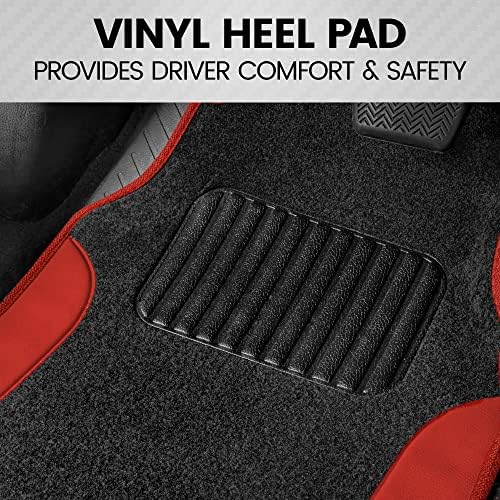 BDK Carpet Floor Mats for Cars, Two-Tone Carpet Car Mat with Faux Leather Accents, Automotive Floor Mat Sets with Built-in Heel Pad, Stylish Interior Car Accessories Red