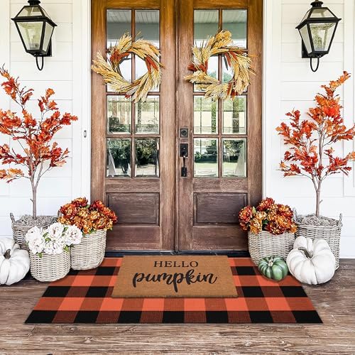 Orange and Black Plaid Rug, 24'' x 51'' Fall Outdoor Front Door Decor Mat, Cotton Washable Hand-Woven Rug for Layered Doormat, Autumn Halloween Thanksgiving Carpet for Porch, Entryway - Image 2