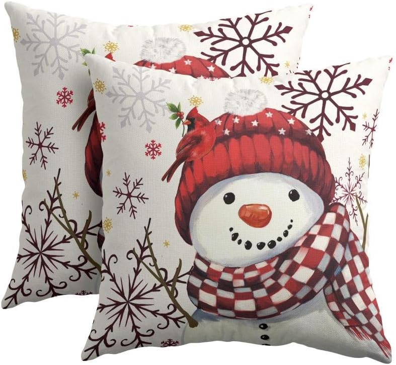 Christmas Red Throw Pillow Covers 18x18 Set of 2 Winter Snowman Snowflake by Trongr