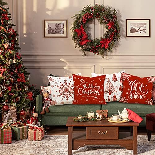Lanpn Christmas Throw Pillow Covers 12x12 Set of 4, Merry Christmas Winter Xmas Snowflake Decorative Holiday Cushion Pillow Cases 12 x 12 for Outdoor Indoor Farmhouse Home Room Couch Decor (Red) - Image 5