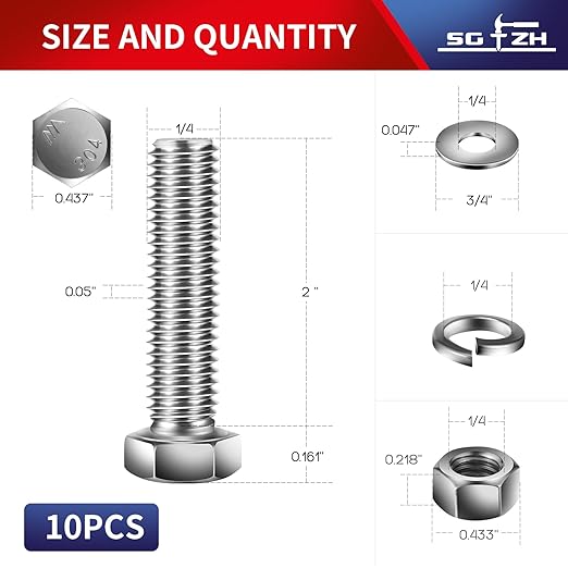 1/4-20 x 2" Hex Head Screw Bolt, Flat & Lock Washers, Fully Threaded, by SG TZH - Image 2