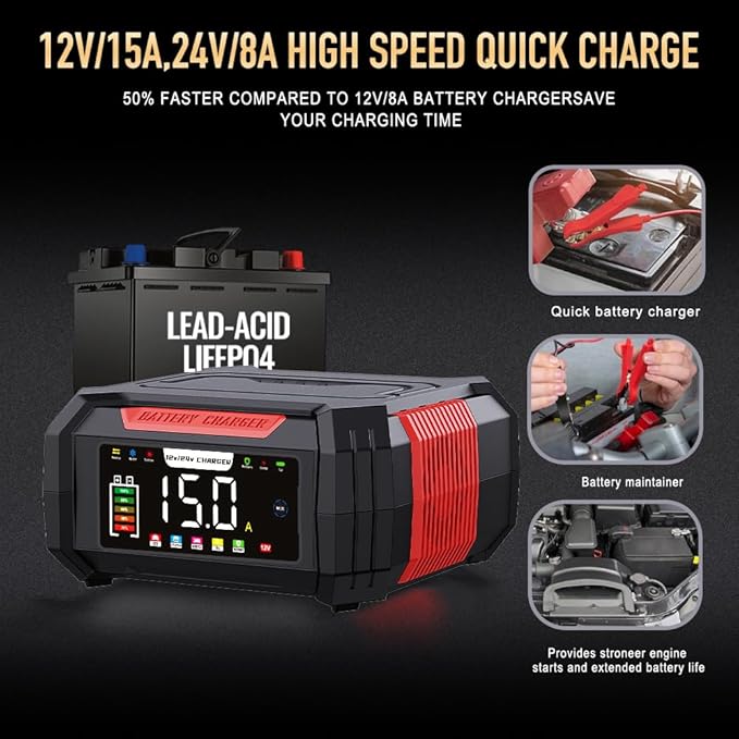 15 Amp Battery Charger, 12V 24V LiFePO4 Car Battery Charger 9-Stage Trickle - Image 8