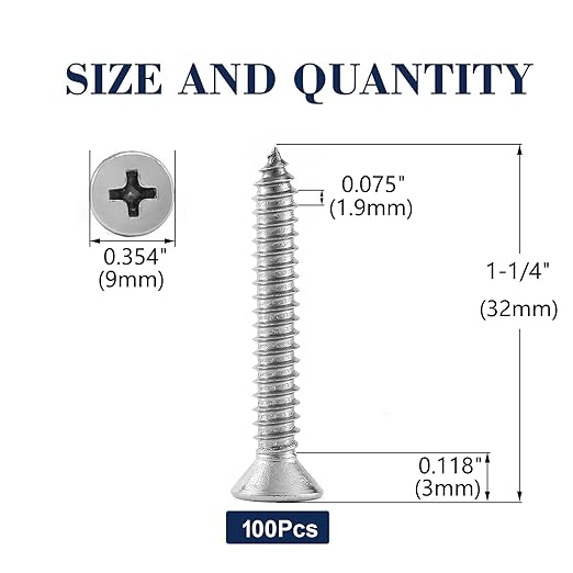 #10 x 1-1/4" Wood Screw 100Pcs 18-8 Stainless Steel Screws Flat Head Phillips - Image 2