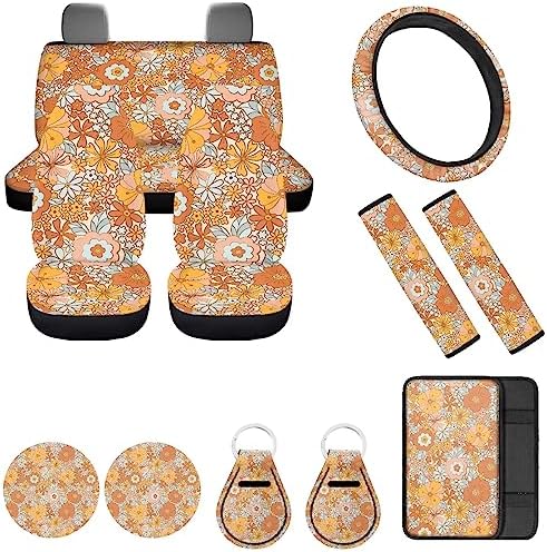 12 Piece Hippie Car Accessories Set Retro 70S Flower Auto Seat Covers Full Set 15Inch Steering Wheel Cover Seat Belt Cover Center Console Armrest Pad Keyring Cup Holder Pad for Vehicels
