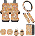 12 Piece Hippie Car Accessories Set Retro 70S Flower Auto Seat Covers Full Set 15Inch Steering Wheel Cover Seat Belt Cover Center Console Armrest Pad Keyring Cup Holder Pad for Vehicels