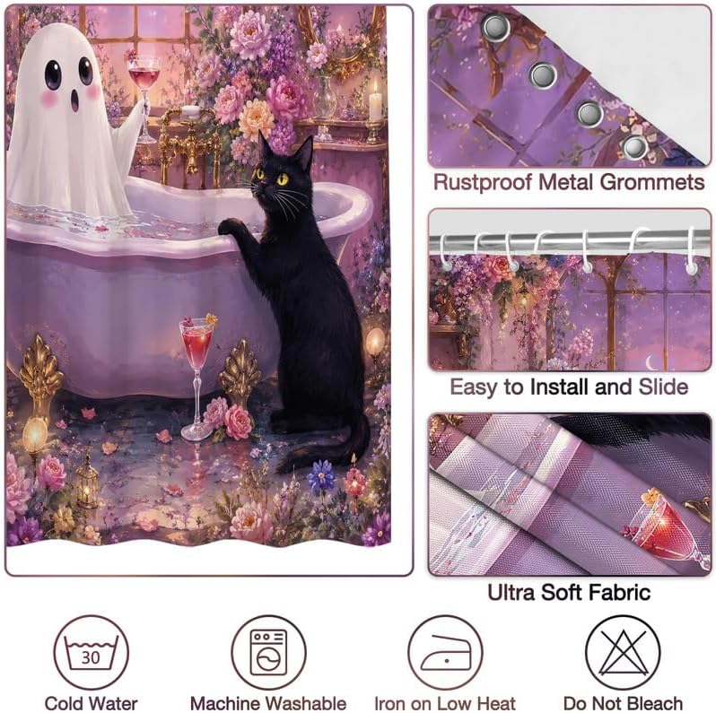 Pink Halloween Shower Curtain Funny Ghost Flowers Cat Bathtub Curtains for Bathroom Cute Halloween Home Decor with 10 Hooks, 60x72 Inch - Image 4
