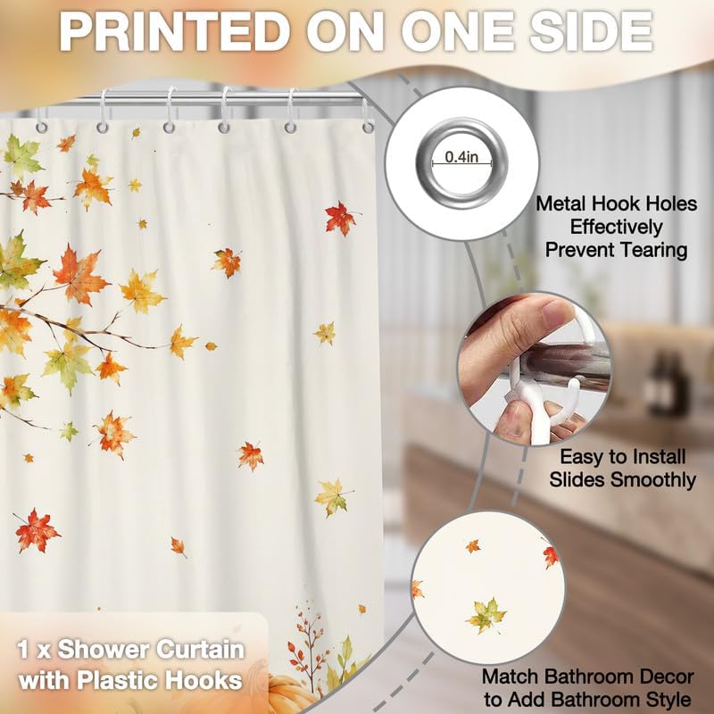 Long Shower Curtain 72x78 Inch Fall Leaves Shower Curtain Farmhouse Autumn Maple Leaves Pumpkin Bathtub Curtains for Bathroom Waterproof Fabric with 14 Hooks - Image 5