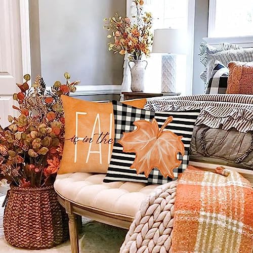 Fall Decor Pillow Covers 24x24 Inch Set of 4 Orange Pumpkin Maple Leaf Throw Pillow Case Outdoor Buffalo Plaid Stripes Autumn Thanksgiving Farmhouse Decoration for Home Couch - Image 5
