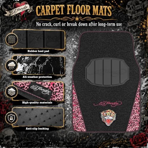 ED HARDY Tiger Print Car Floor Mats, Carpet Floor Mats with Pink Leoprad Design, Automotive Car Mats with Built-in Heel Pad & Anti-Slip Backing, Fits Most Cars, SUVs & Trucks, Durable & Odorless