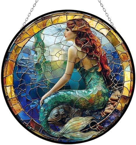 Mermaid Stained Glass Window Hanging Sun Catcher Halloween Haning Ornament Decoration Christmas Birthday Gifts for Lover and Friends by 365CUSGIFTS