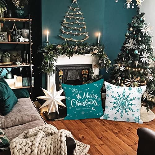 Lanpn Christmas Throw Pillow Covers 20x20 Set of 4, Merry Christmas Winter Xmas Snowflake Decorative Holiday Cushion Pillow Cases 20 x 20 for Outdoor Indoor Farmhouse Home Room Couch Decor (Teal) - Image 3