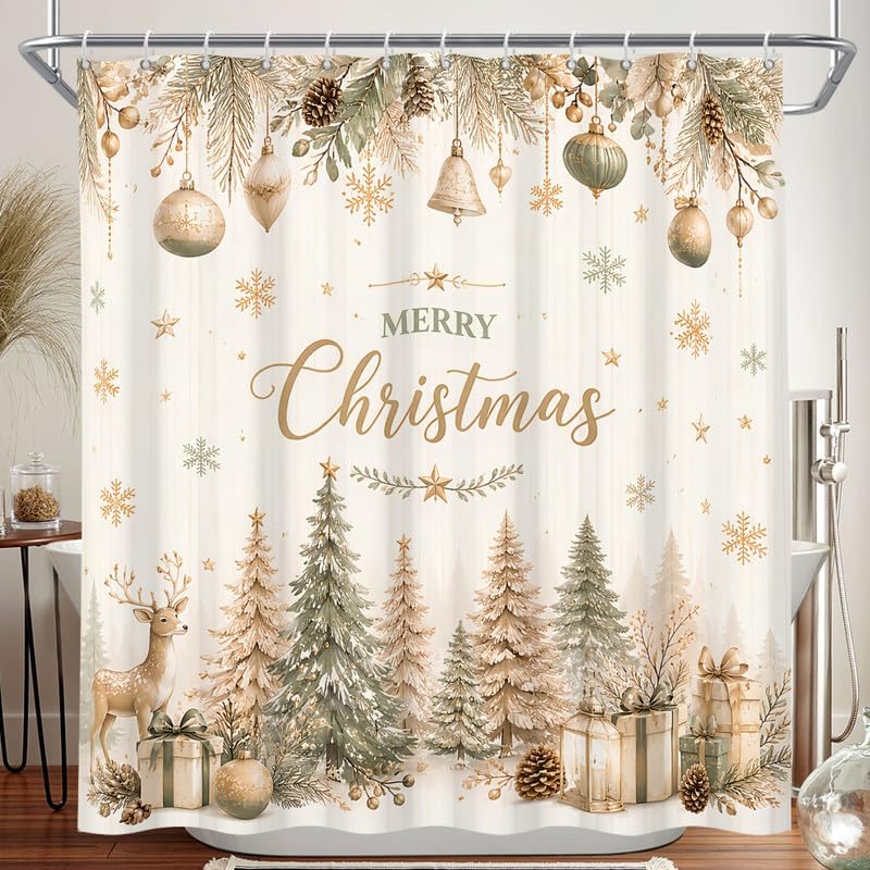 Farmhouse Christmas Shower Curtain, 72x78 Inch Waterproof Fabric by Duluxykl
